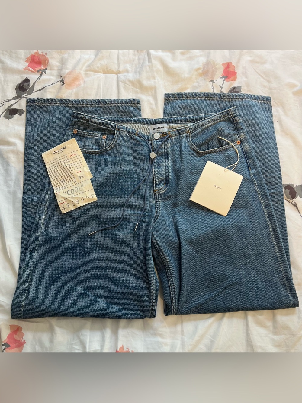 BNWT STILL HERE cool jeans wide leg in classic blue with drawstring